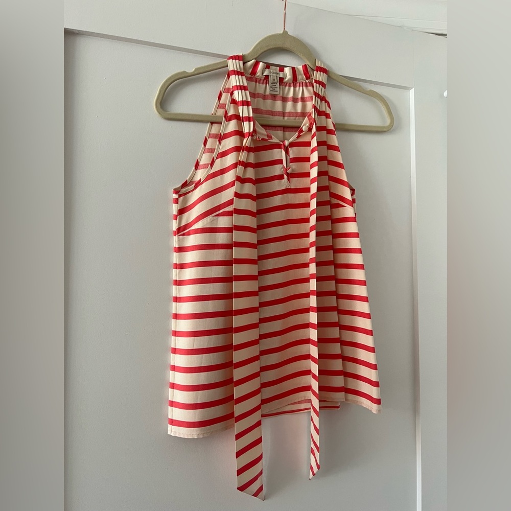 Coral Striped Silk Sleeveless Blouse with Bow